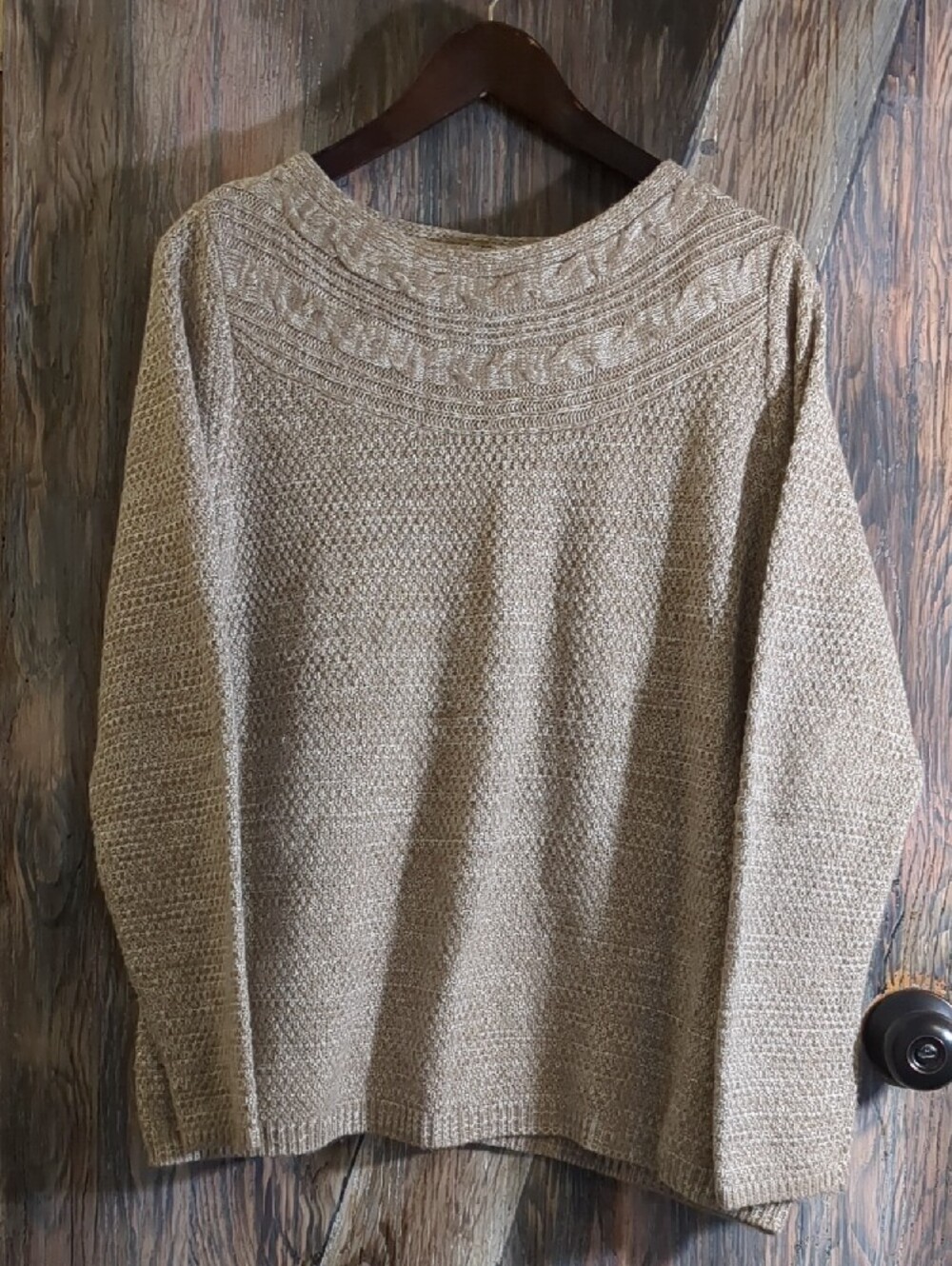 Croft & Barrow Taupe Cable Knit Yoke Sweater Textured Crewneck Pullover